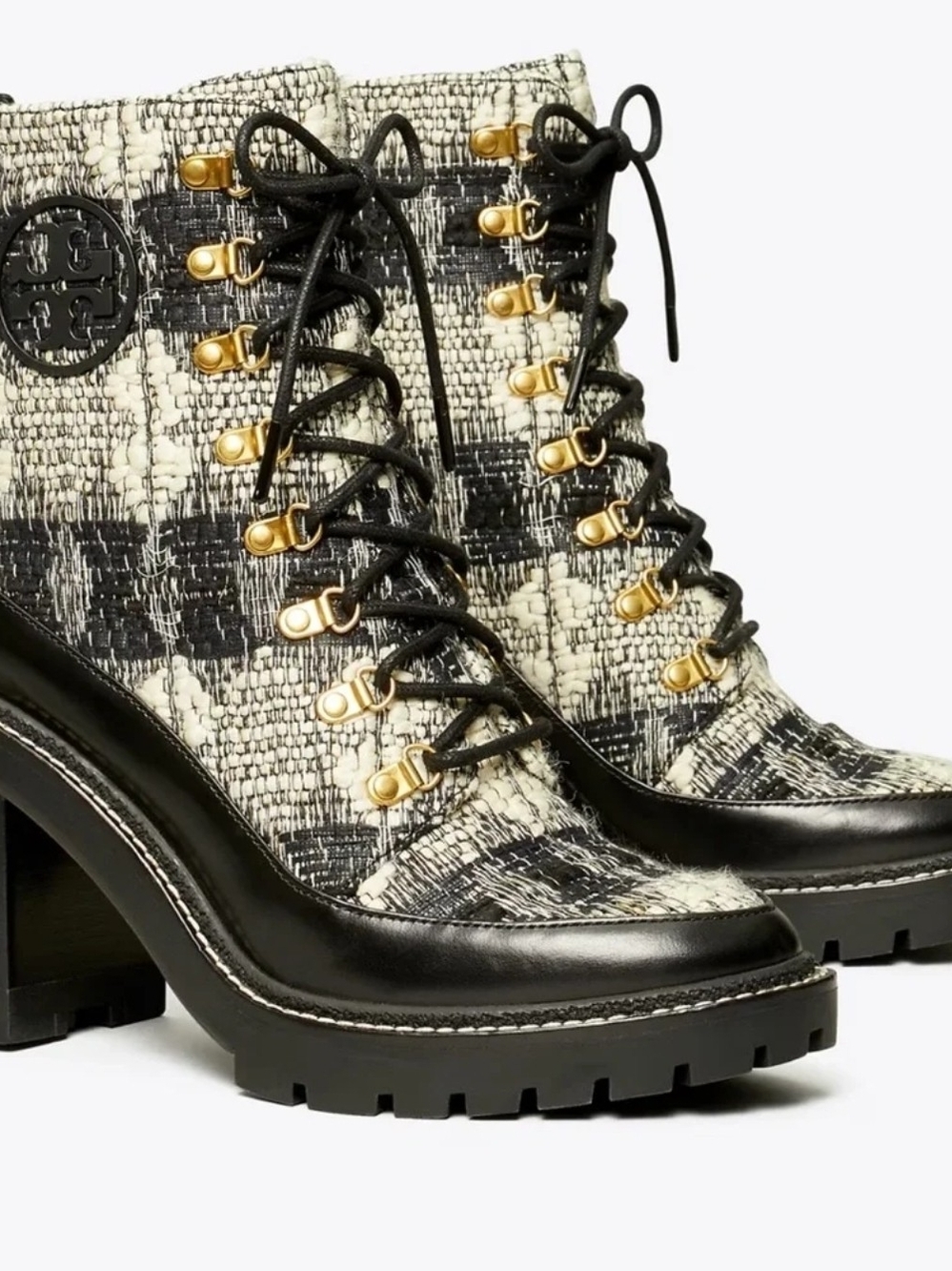 Tory Burch Black & Cream Tweed Lace-Up Block Heel Boots